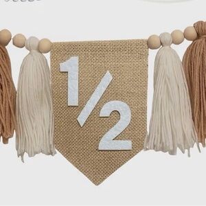 Half Birthday Burlap Banner with Tassels & cake topper